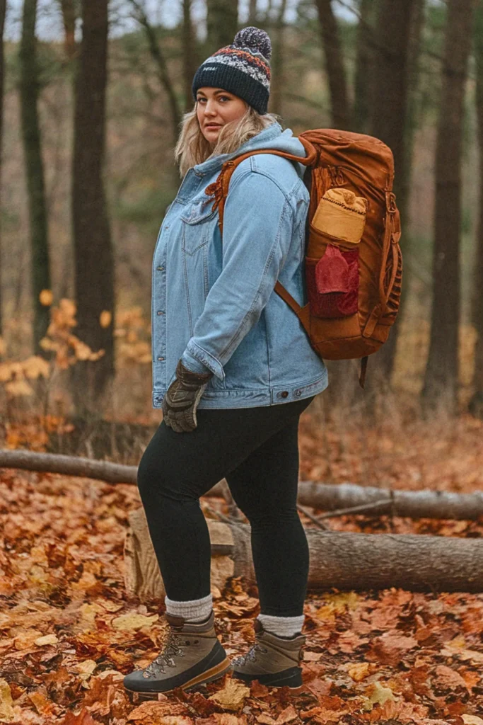 Plus Size Fall Denim Jacket with Thermal Leggings Hiking Outfit