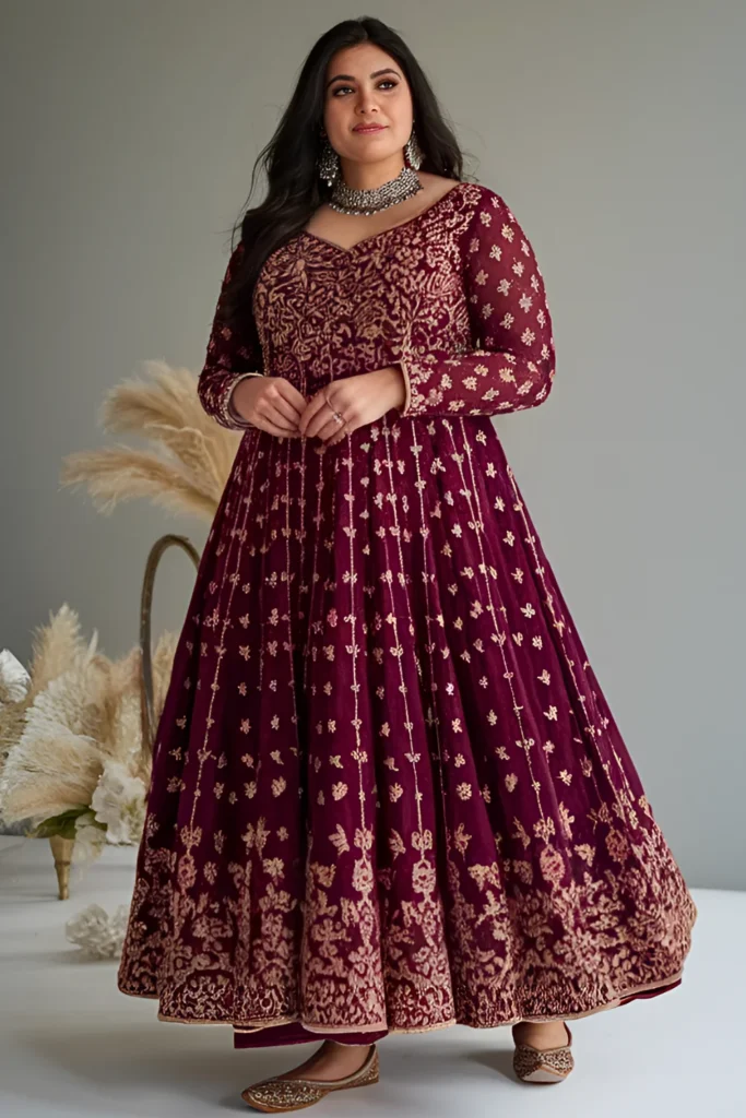 Plus Size Winter Rich Maroon Anarkali Gown Dress