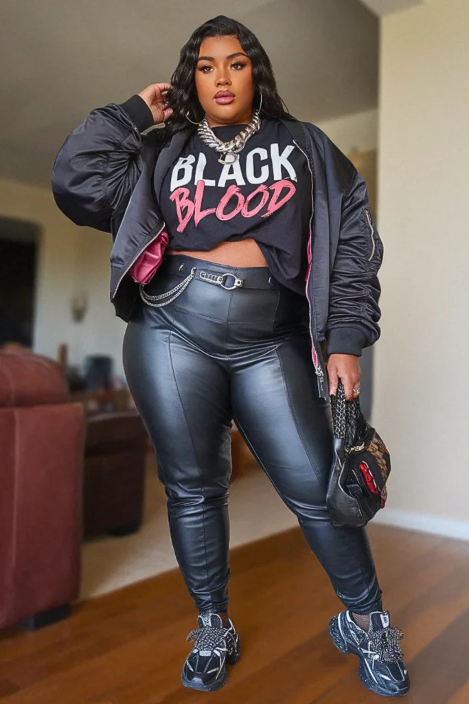 Plus Size Black Leather Pants Streetwear Fall Outfit