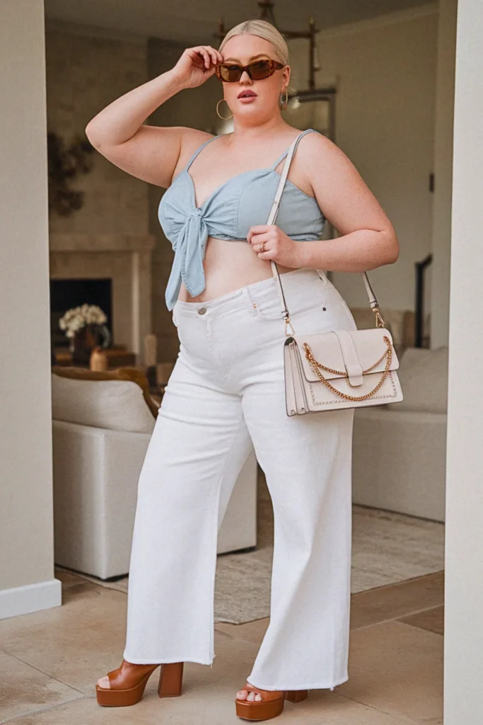 Plus Size Summer Cropped Tie-Front Chambray with White Jeans Outfit