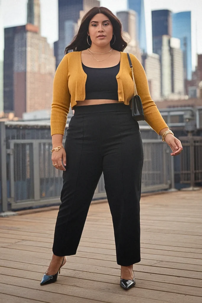 Plus Size New York Cropped Cardigan and High-Waisted Pants Fall Outfit