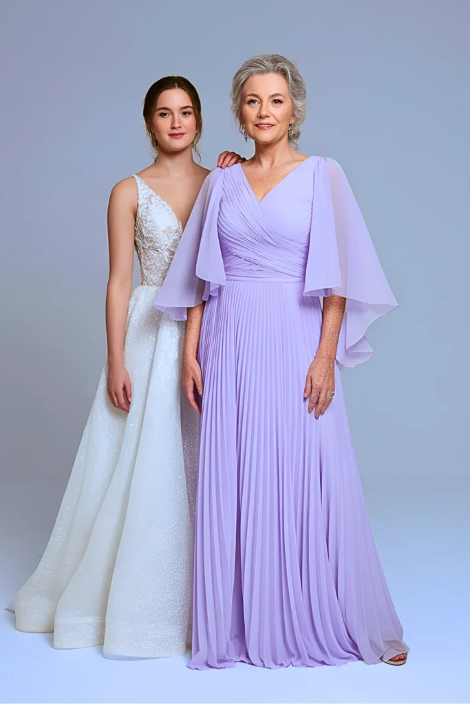 Plus Size Ethereal Lavender Chiffon Cape Sleeve Mother of the Bride Dress