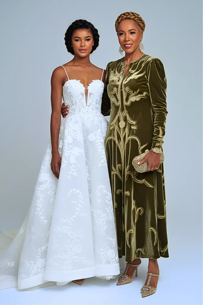 Plus Size Art Nouveau Inspired Olive Green Velvet Burnout Mother of the Bride Dress