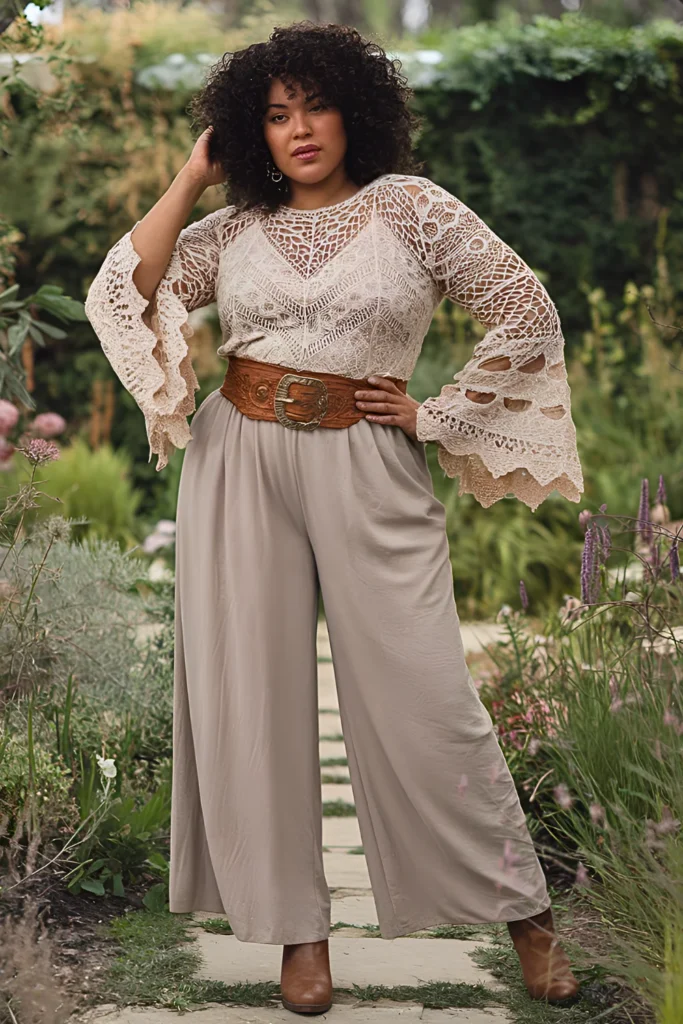Plus Size Crochet Lace Bell Sleeve Blouse and Wide Leg Pants Hippie Spring Outfit