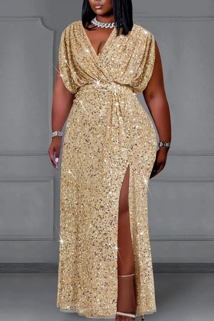 Xpluswear Design Plus Size Formal Gold V Neck Split Sequin Maxi Dress