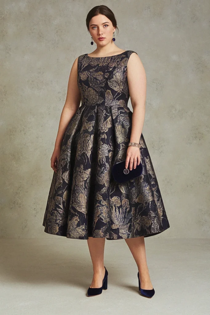 Oil Painting Floral Jacquard Plus Size Wedding Guest Dress