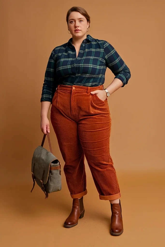Plus Size Plaid Shirt and Corduroy Pants Autumn Outfit