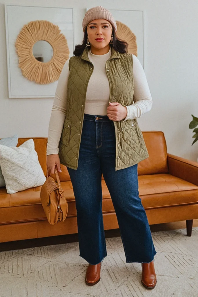 Plus Size Quilted Vest with Long Sleeve Tee Fall Outfit