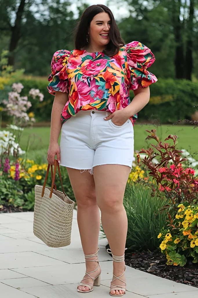 Bold Floral Puff Sleeve Blouse + White Denim Shorts Spring Outfit