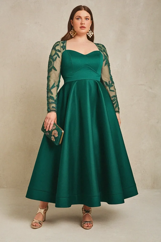 Plus Size Black Tie Embroidered Illusion Sleeve Wedding Guest Dress