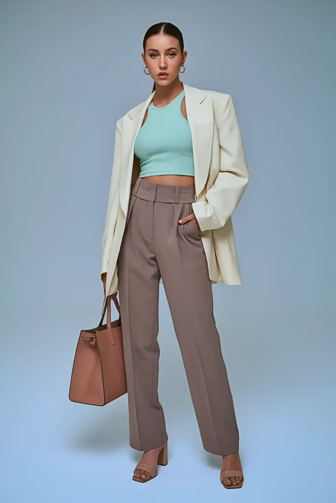 Spring Tailored Trousers & Crop Top College Outfit