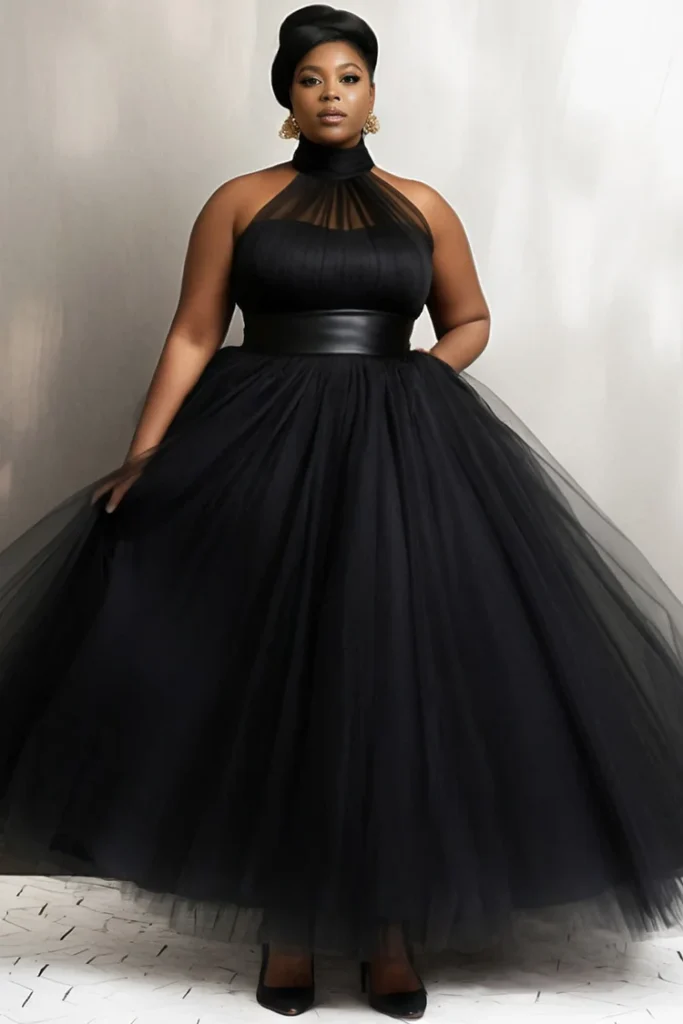 Plus Size Wedding Black Halter Collar Sundress Tulle Maxi Dress