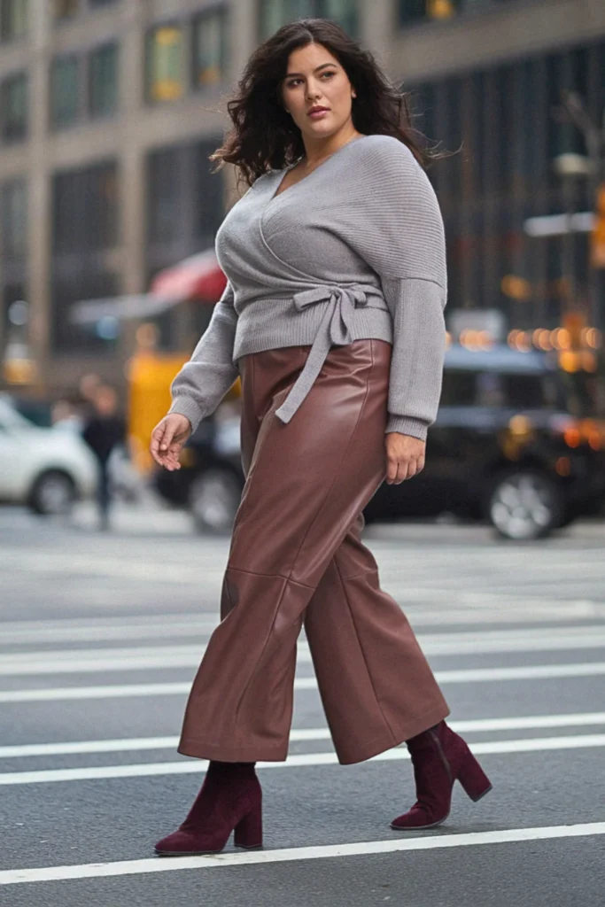 Plus Size New York Wrap Sweater and Leather Pants Fall Outfit