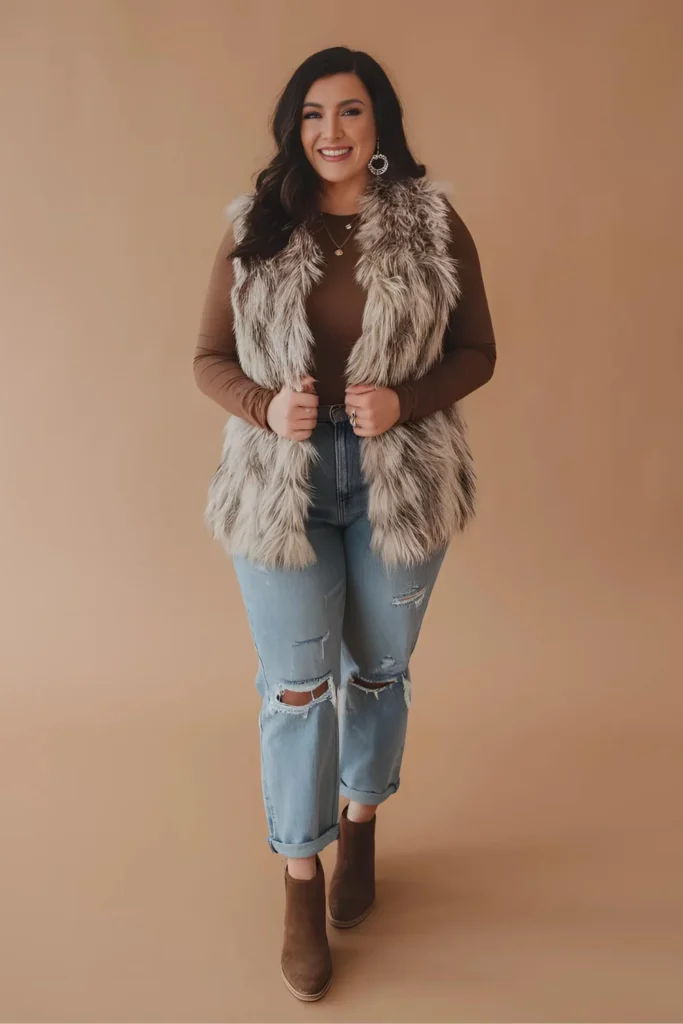 Winter Curvy Mom Faux Fur Vest and Jeans Outfit