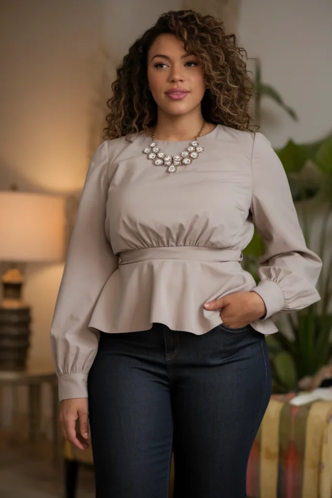 Winter Curvy Mom Peplum Top and Skinny Jeans Outfit