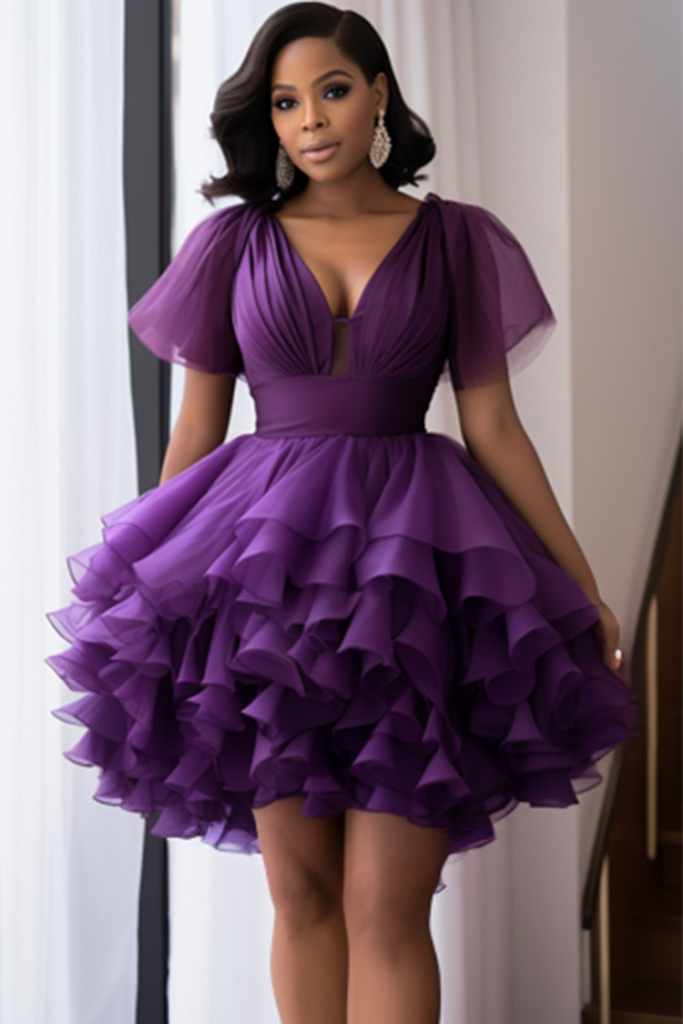 Plus Size Cocktail Party Purple Elegant Short Sleeve Bubble Ruffle Tulle Mini Dress
