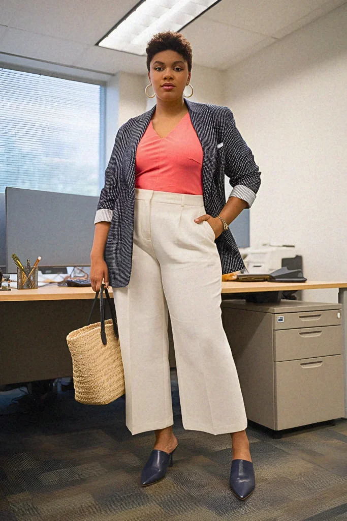 Plus Size Summer Seersucker Blazer & Cropped Trousers Office Outfit