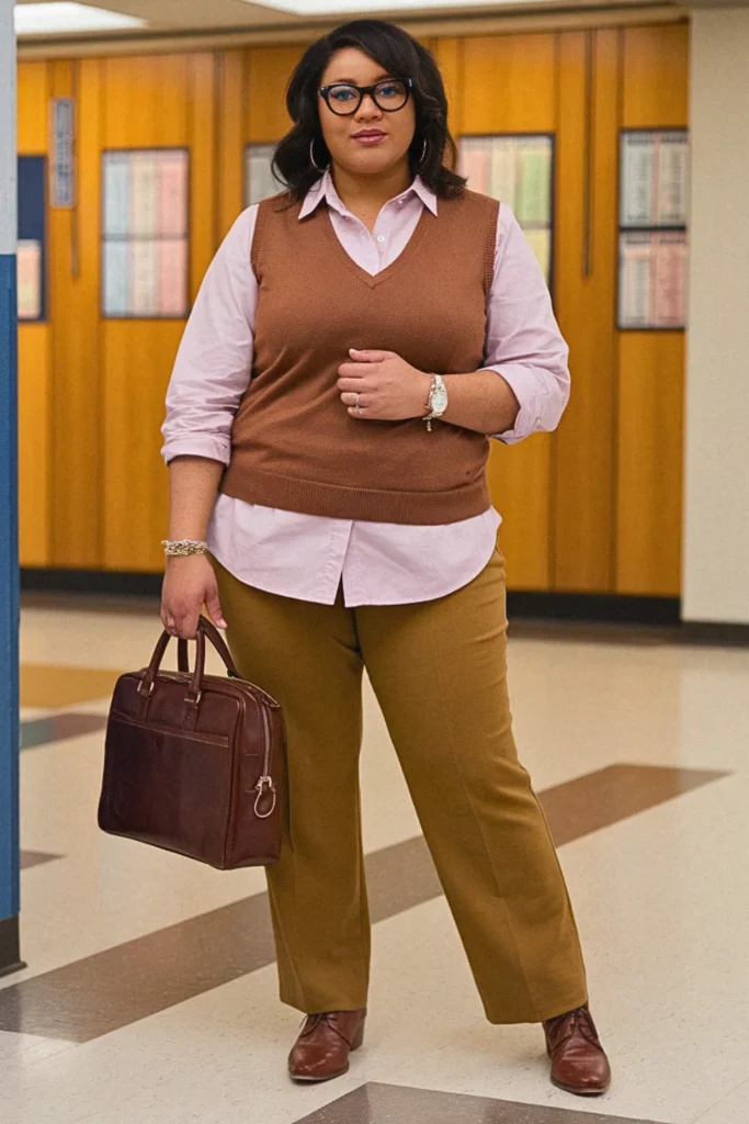 Plus Size Fall Button-Down with Sweater Vest Teacher Outfit