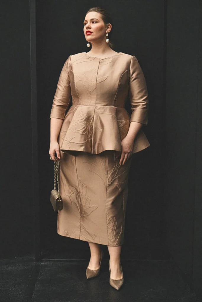 Plus Size Peplum Jacquard Midi Wedding Guest Dress