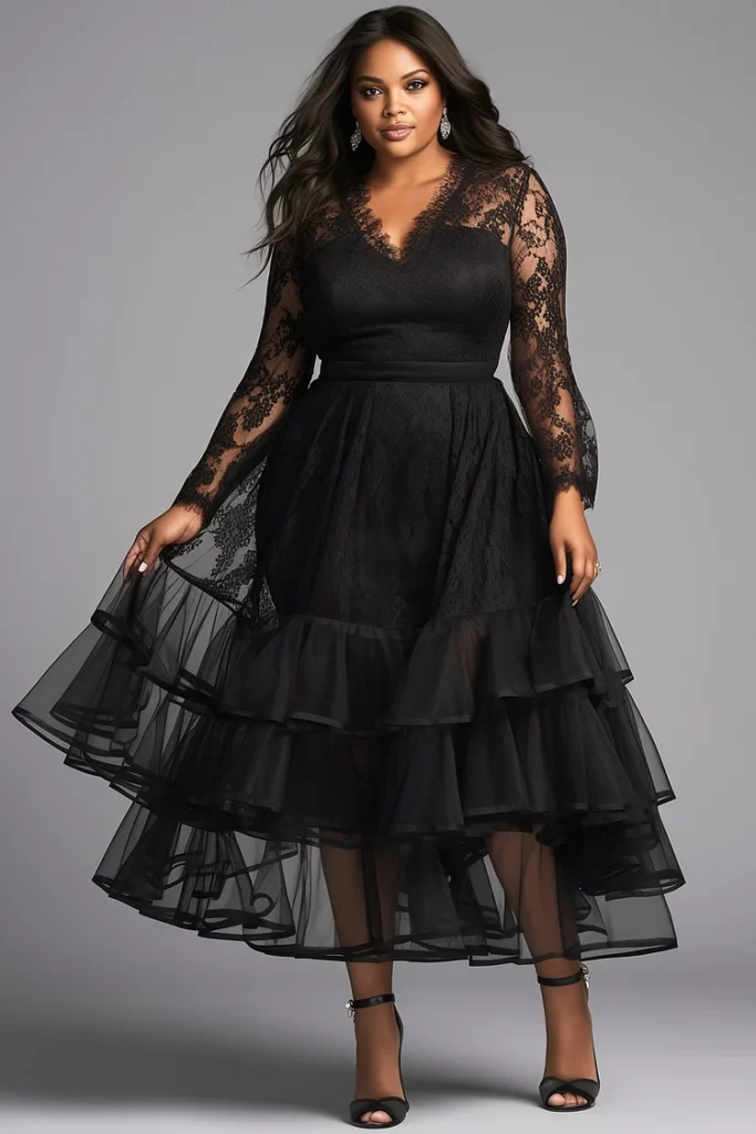 Plus Size Date Night Black V Neck Long Sleeve See Through Ruffle Tulle Lace Maxi Dress