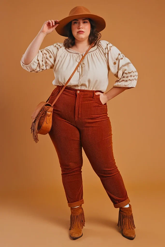 Plus Size Casual Peasant Blouse and Corduroy Pants Autumn Outfit