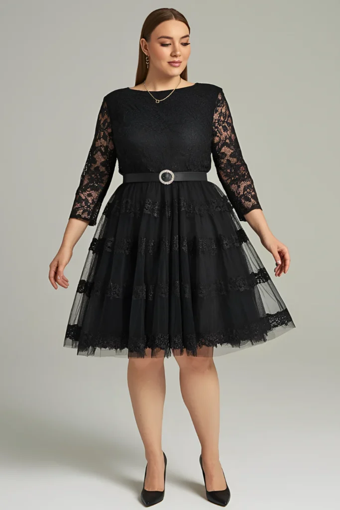 Plus Size Winter Black Lace Ruffle Tulle Mini Dress