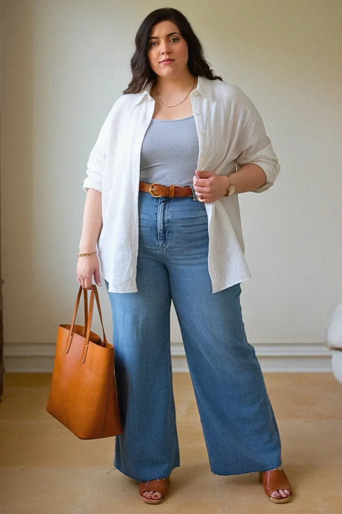 Plus Size Fall Casual Button-Down and Wide-Leg Jeans Mom Outfit