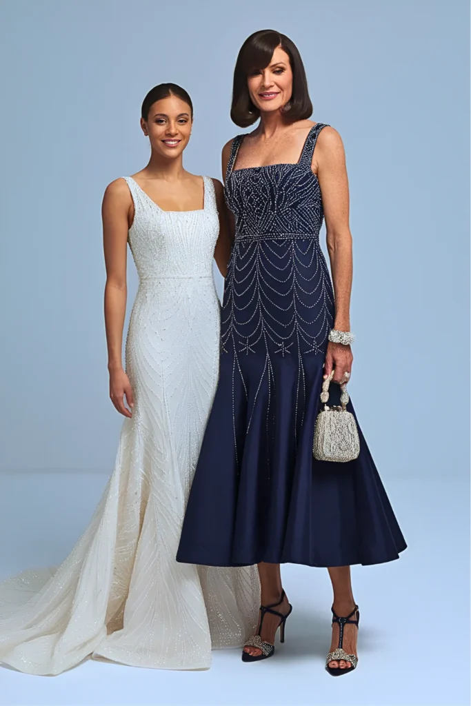 Plus Size Art Deco Navy Beaded Godet Hem Mother of the Bride Dress