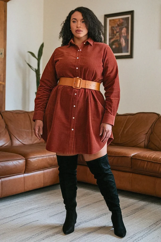 Plus Size Corduroy Shirt Dress and Thigh-High Boots Fall Outfit