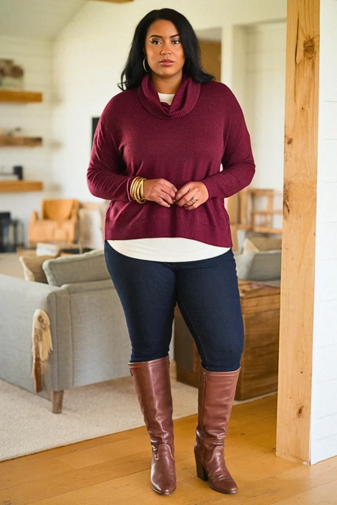 Plus Size Fall Cowl Neck Sweater With Bootcut Jeans Comfy Outfit