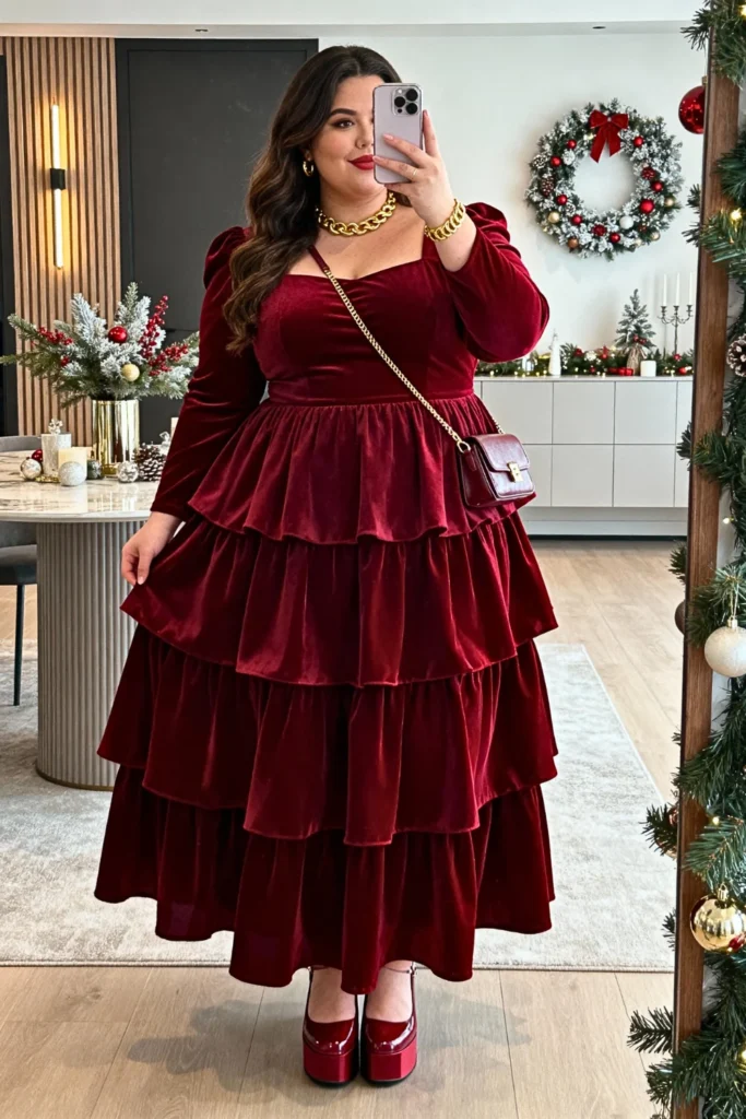 Plus Size Tiered Ruffle Dress with Platform Heels Outfit