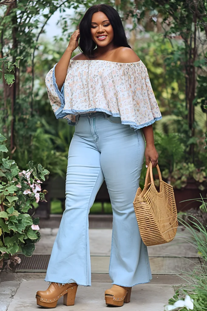 Plus Size Off-The-Shoulder Peasant Top and Flare Jeans Hippie Spring Outfit