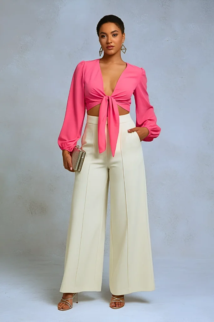 Neon Tie-Front Blouse and Wide-Leg Pants Bold Spring Birthday Dinner Outfit