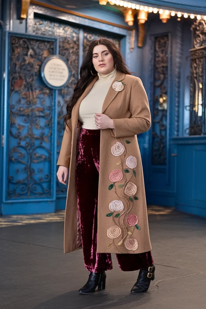 Plus Size Winter Beauty and the Beast Rose Embroidered Coat and Velvet Pants Disney Outfit