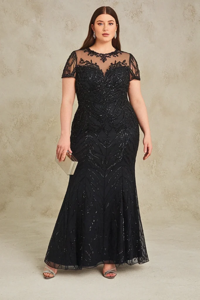 Sequin Illusion Neckline Black Formal Wedding Guest Dress