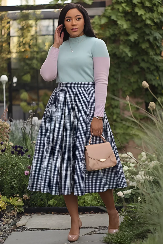 Pastel Knit Sweater and Gingham Midi Skirt