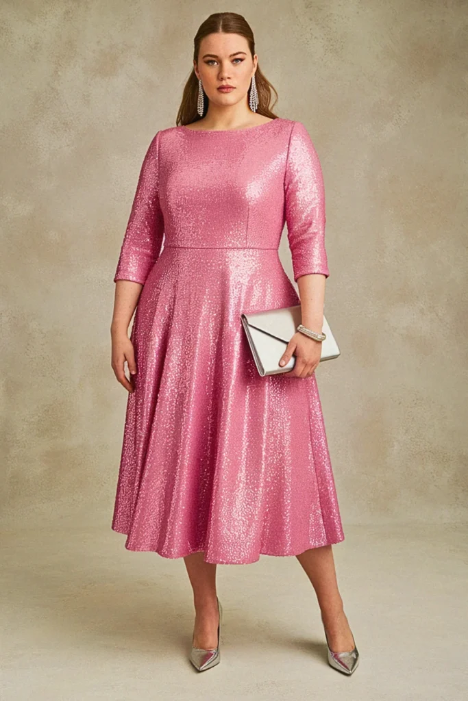 Plus Size Hot Pink Sequined Midi Wedding Guest Dress