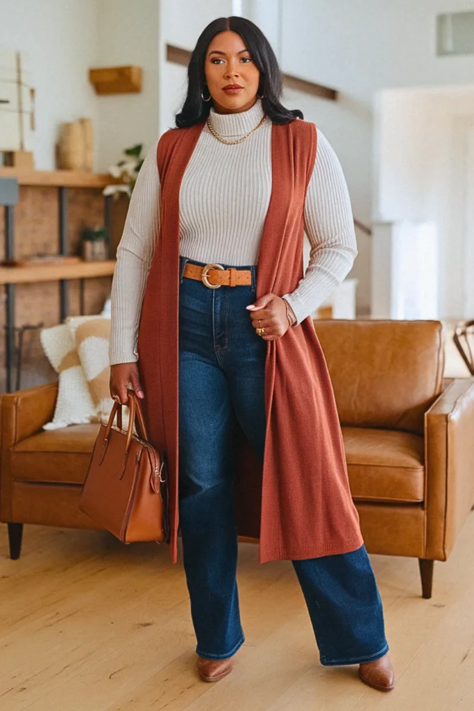 Plus Size Rust Longline Vest Autumn Warmth Fall Outfit
