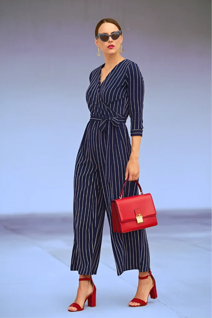 Striped Wrap Jumpsuit and Red Accessories Spring Outfit