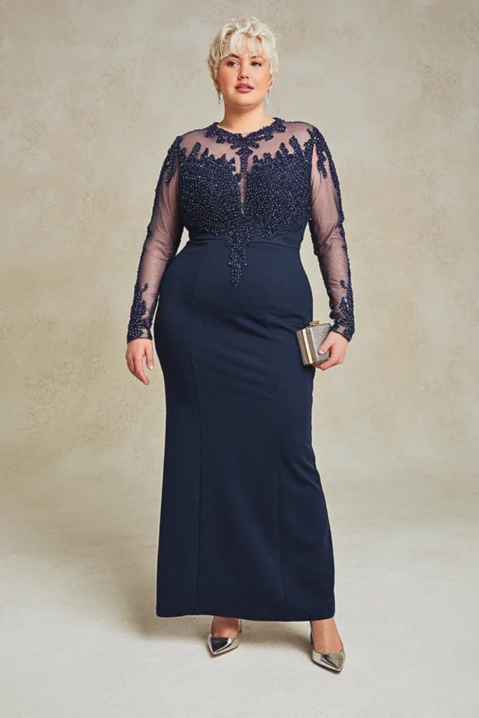 Plus Size Navy Blue Illusion Neckline Beaded Wedding Guest Dress