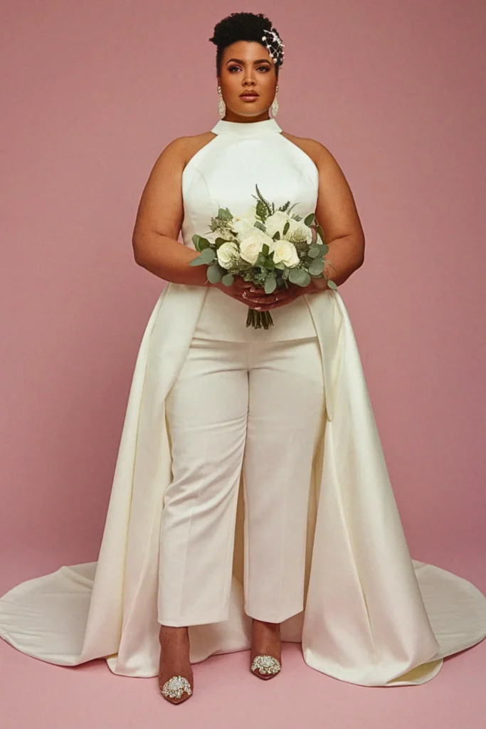 Halter Neck Jumpsuit with Attached Overskirt Wedding Dress