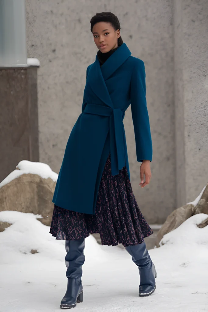 Black Girl Wrap Coat and Midi Skirt Winter Outfit