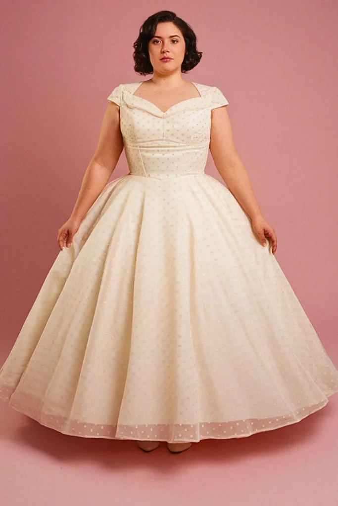 Plus Size Vintage 1950s Tea-Length Polka Dot Wedding Dress