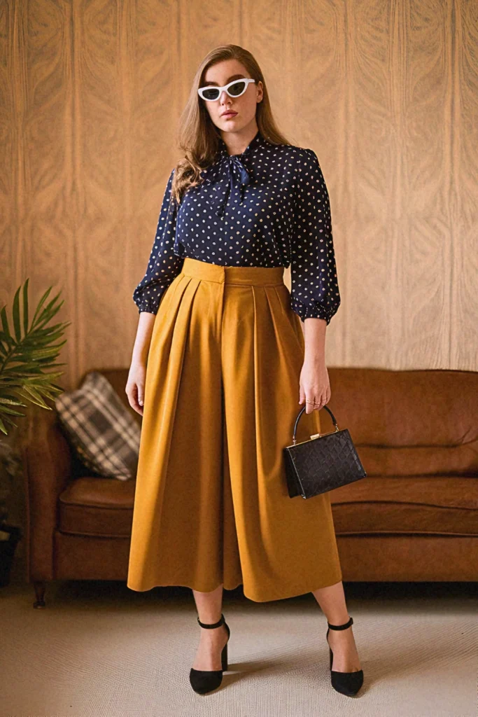 Plus Size Modest Vintage-Inspired High-Waist Culottes and Blouse Summer Outfit