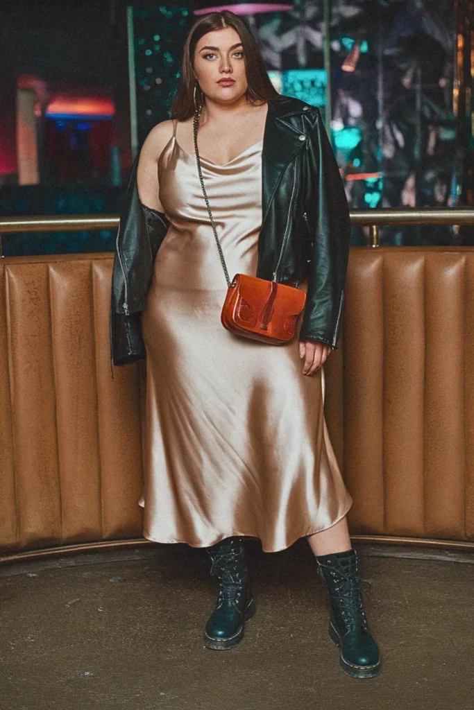 Plus Size Fall Satin Slip Dress and Moto Jacket Going Out Outfit