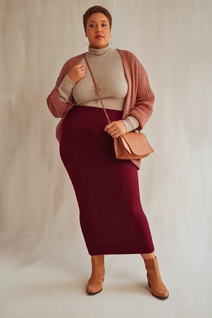 Plus Size Autumn Cranberry Knit Maxi Skirt Outfit