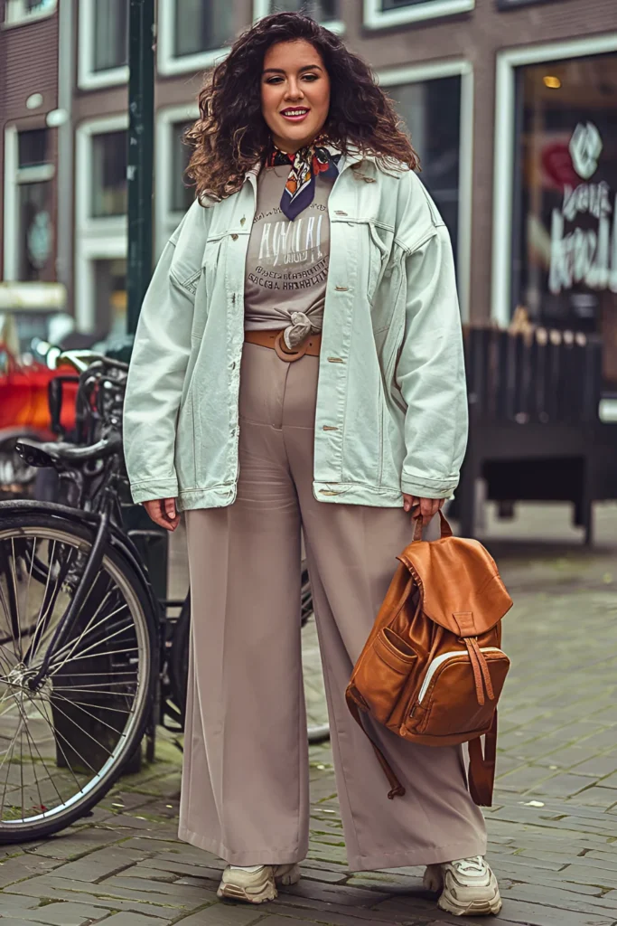 European Oversized Denim Jacket & Wide-Leg Trousers Spring Outfit