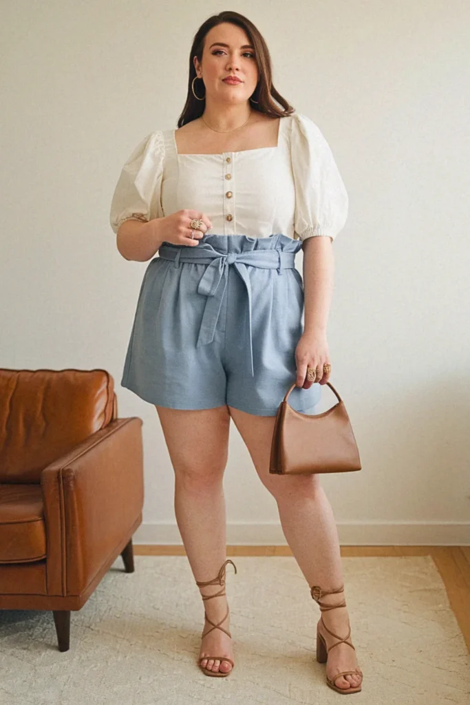 High-Waisted Paper-Bag Shorts with Puff Sleeve Top Birthday Outfit