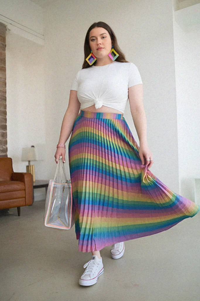 Plus Size Summer Pleated Rainbow Long Skirt Outfit