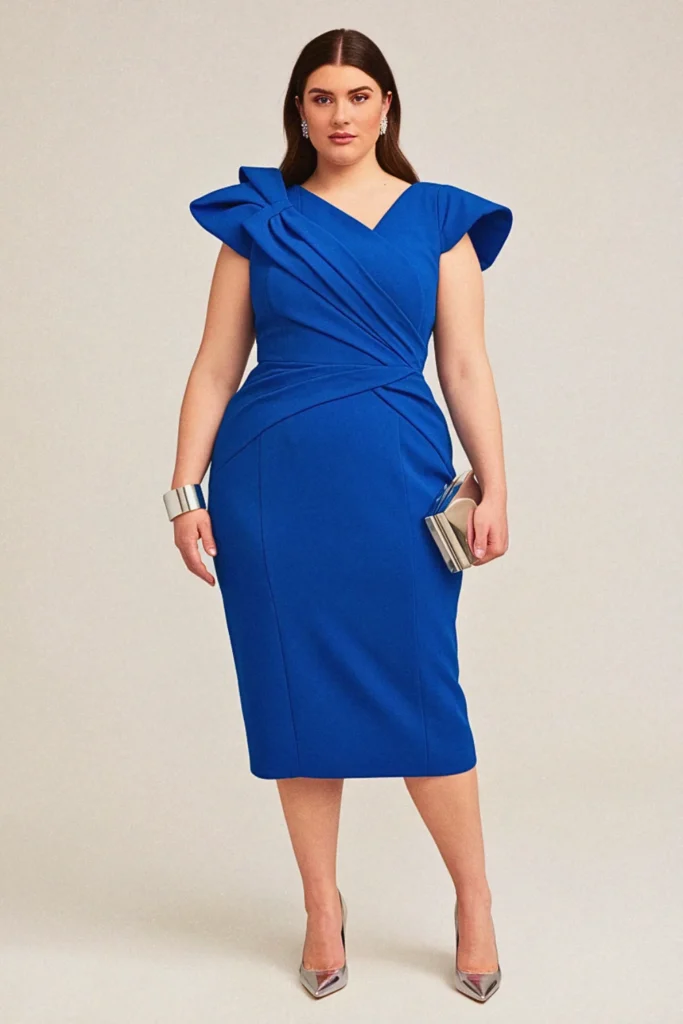 Cobalt Structured Bow Plus Size Wedding Guest Cocktail Dress